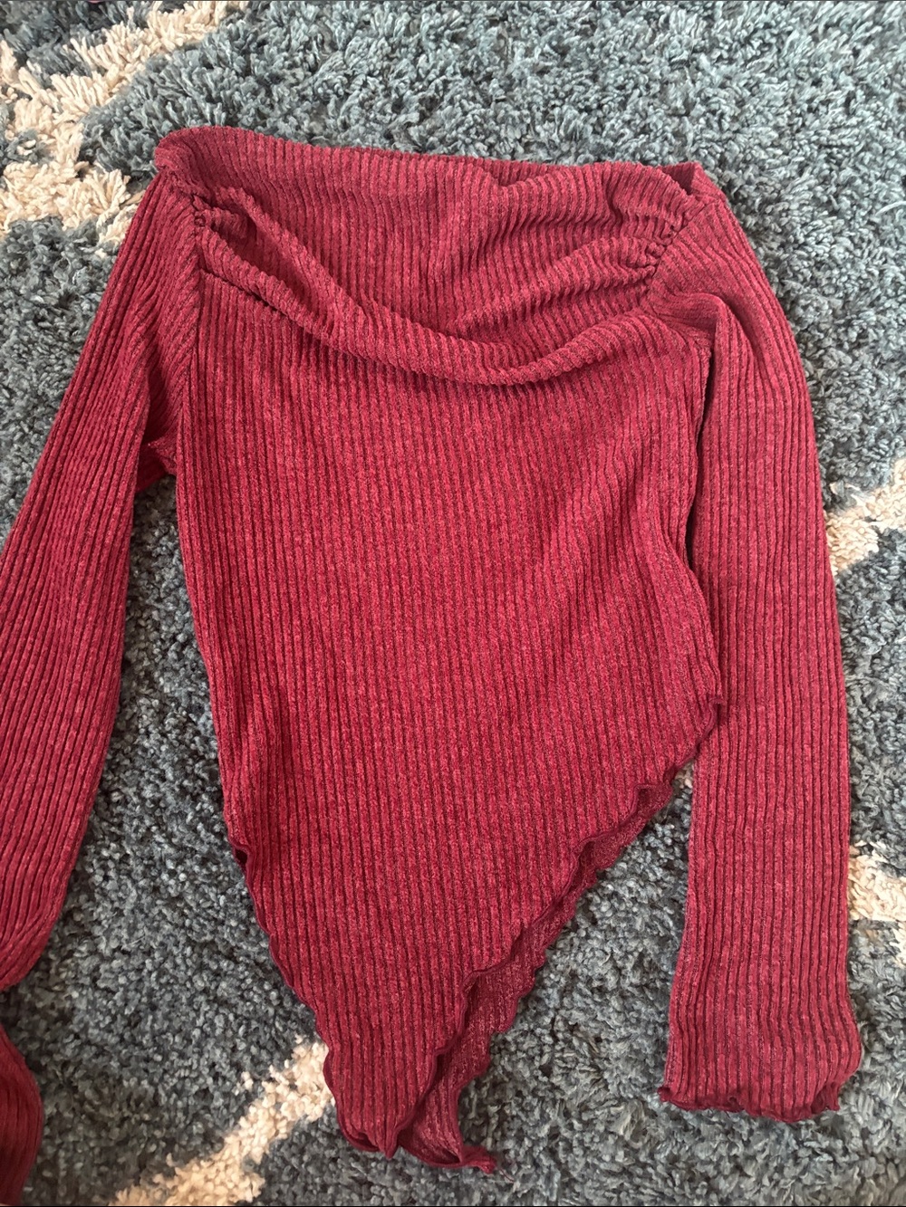 Amazon Off-the-Shoulder Ribbed Sweater Top - Wine Red
